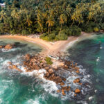 Aerial Sunset Photo of Secret Beach close to Mirissa in South Sri Lanka. High quality photo