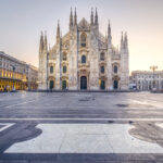 Sunrise in Piazza del Duomo in Milan, Italy. December 2017.