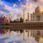 Taj Mahal scenic sunset view with moody sky. A UNESCO World heritage site at Agra, India.