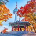 Namsan Tower and pavilion during the autumn leaves in Seoul, South Korea.