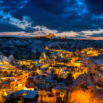 Goreme town at twilight in Cappadocia, Turkey.