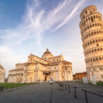 Piazza del Duomo Leaning Tower Cattedrale di Pisa and Battistero di San Giovanni at sunrise, Italy