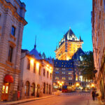 Chateau Frontenac at dusk in Quebec City with street