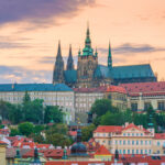 Famous iconic image of Prague city skyline with Prague Castle in Czech Republic