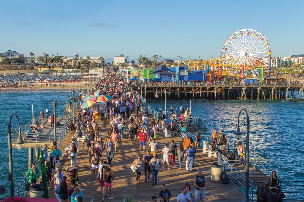 santa monica pier, people, nature, busy, ferriswheel, beach, los angeles