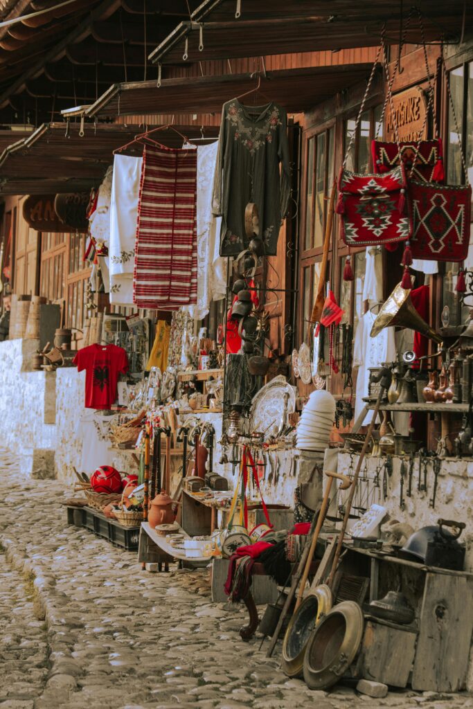 Discover the vibrant stalls of Kruja Bazaar with traditional crafts in Durrës County, Albania.