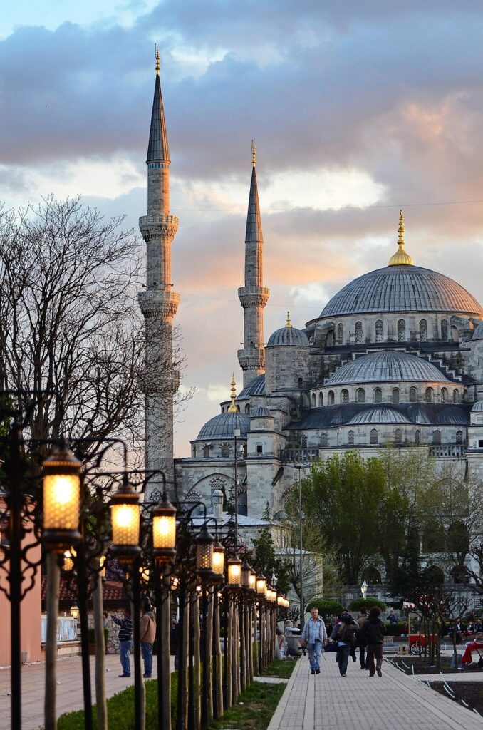 mosque, minarets, street lamps, street, architecture, istanbul, islam, nature, turkey, sunset, city