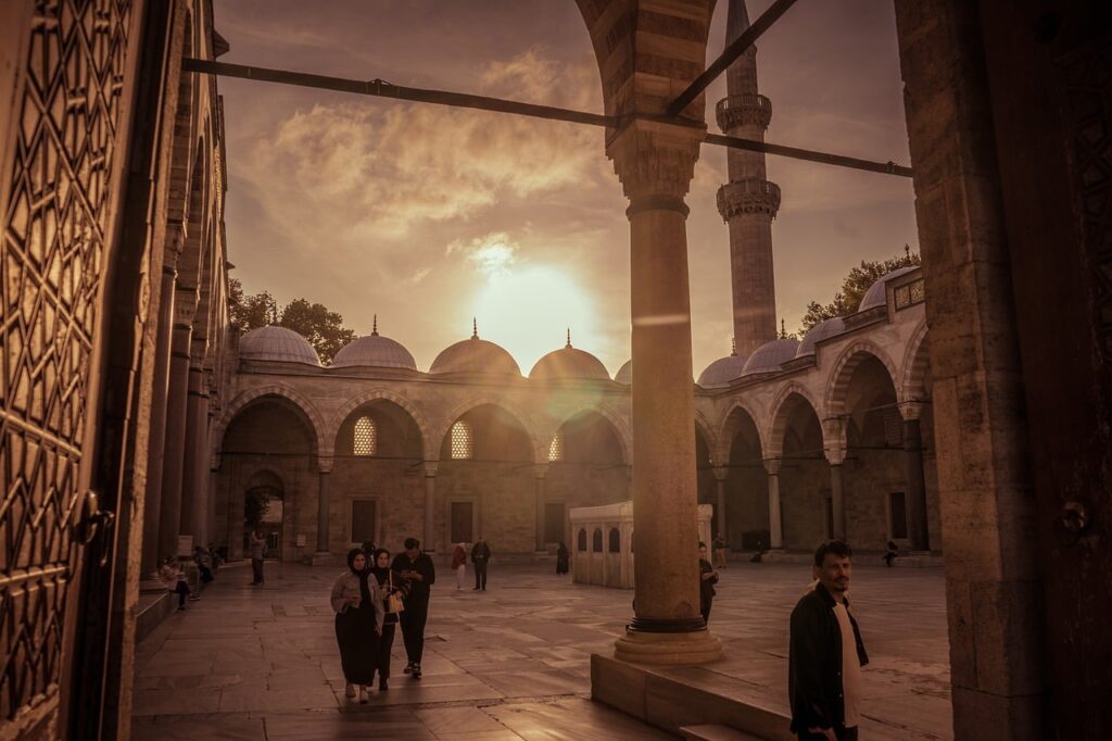 istanbul, turkey, mosque courtyard, islamic architecture, ottoman architecture, suleymaniye mosque, sunset, courtyard, arches, people, travel, nature, culture, religion, heritage, historical building, tourism