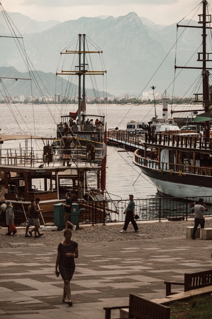 ship, port, nature, antalya, turkey, kaleici, marina, sea, harbor, mountains, view