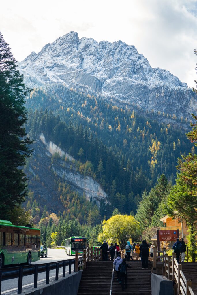 Tourists on a pathway with a stunning backdrop of snow-capped mountains and autumn foliage.